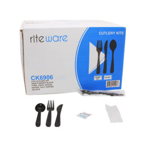 Cutlery Kit 6pc Black Fork, Knife, Teaspoon, Salt & Pepper, Napkin 15 X 17 (Medium)